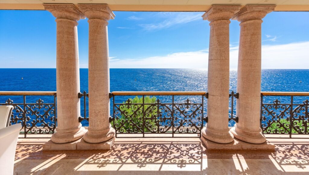 Palazzo Leonardo Monaco terrace with marble columns overlooking the Mediterranean Sea