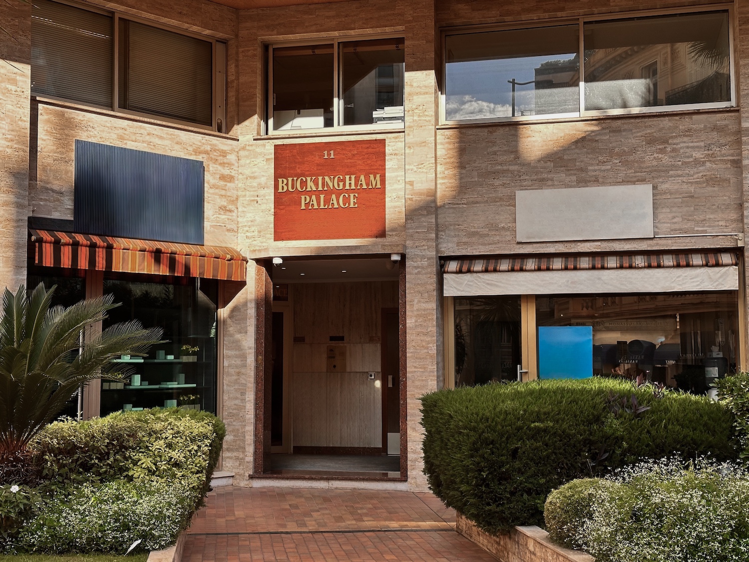 Entrance of Buckingham Palace residential building in Monaco