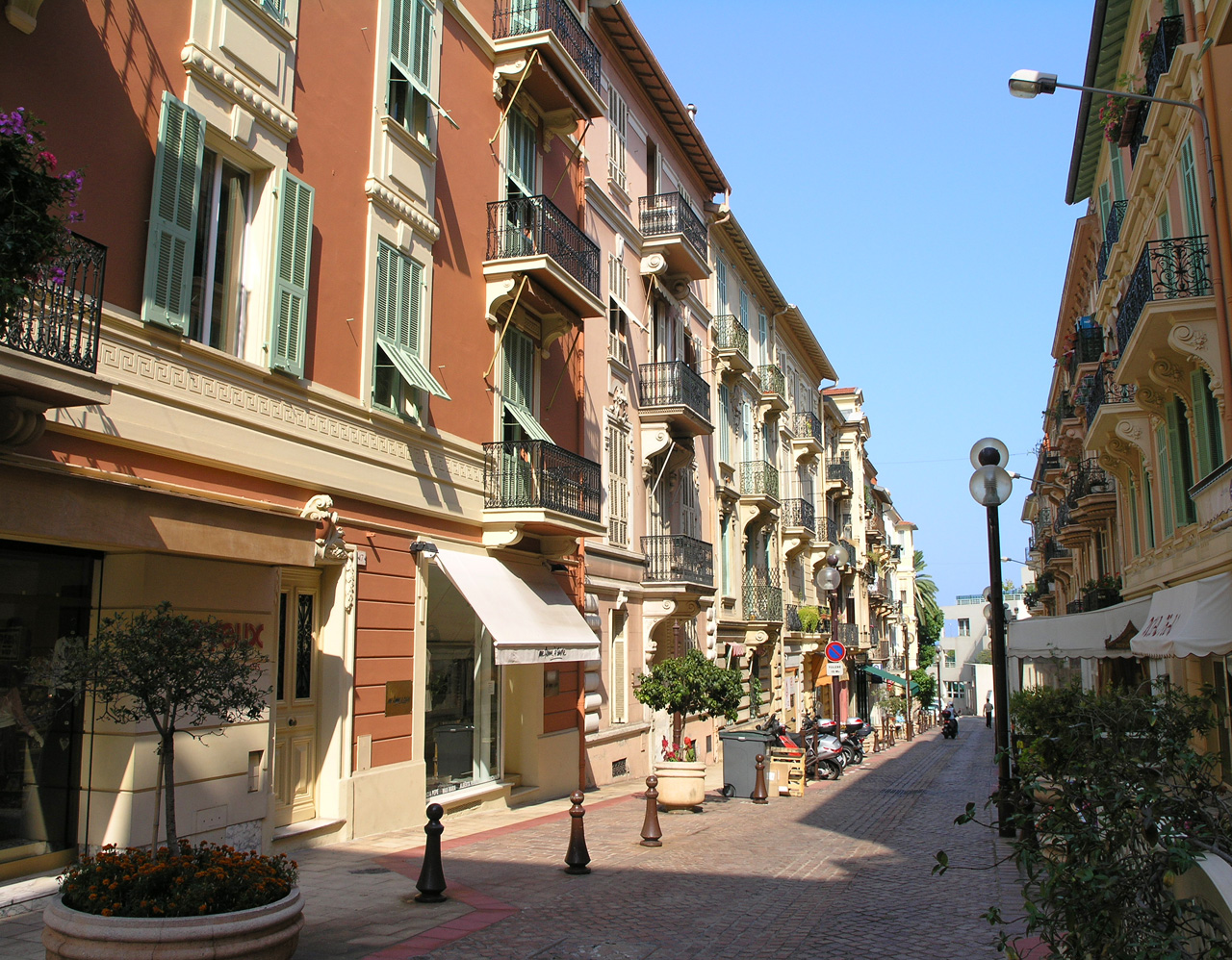 Pedestrian street with colourful buildings in La Condamine Monaco