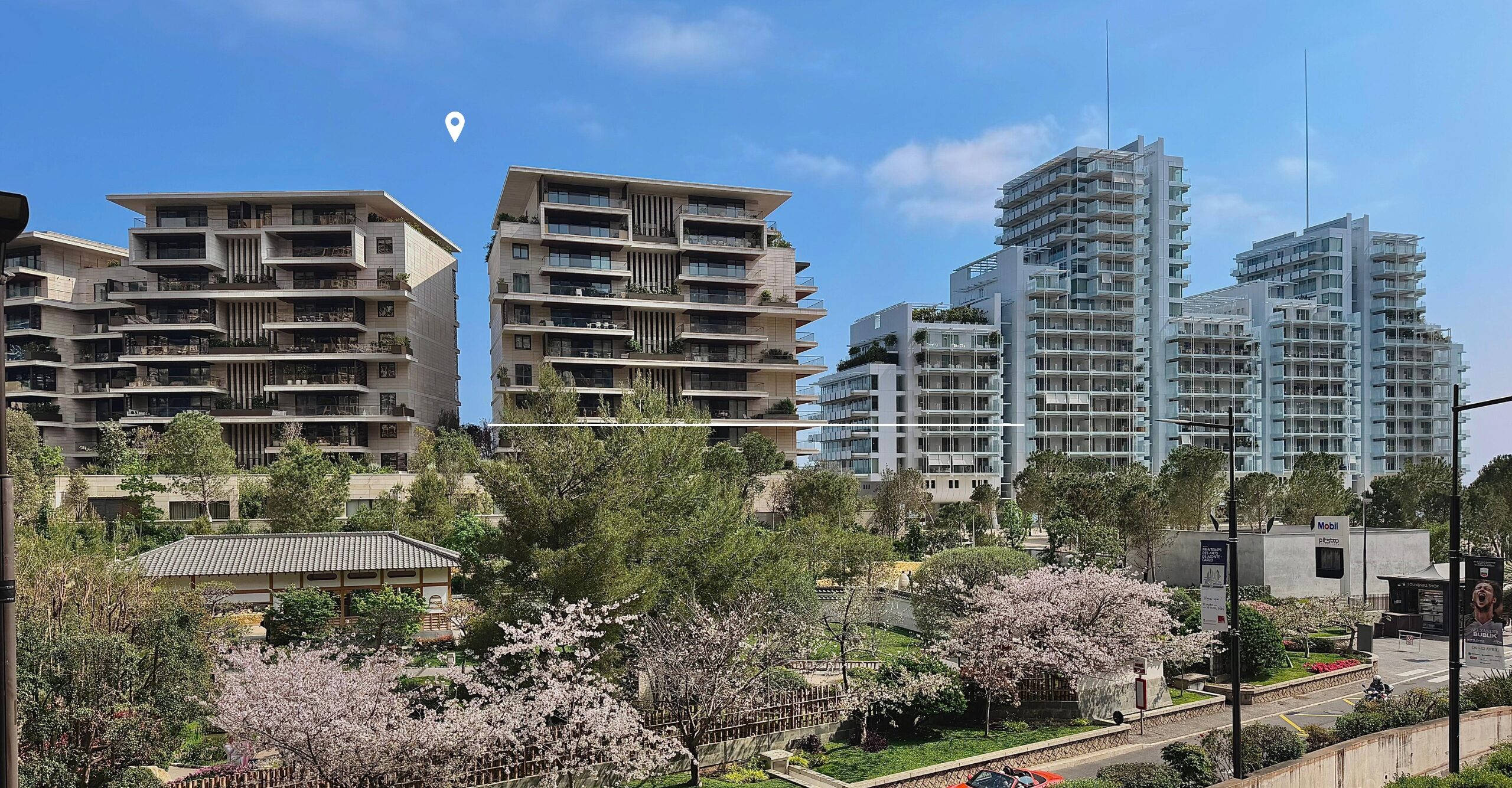 Les Jardins d'Eau in the Mareterra neighbourhood, building marked with a white location pin