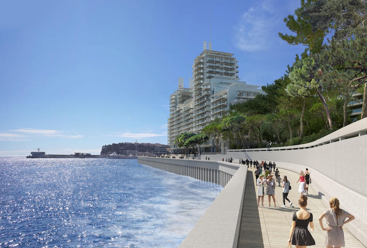 Mareterra Monaco waterfront development promenade with residential buildings and sea view