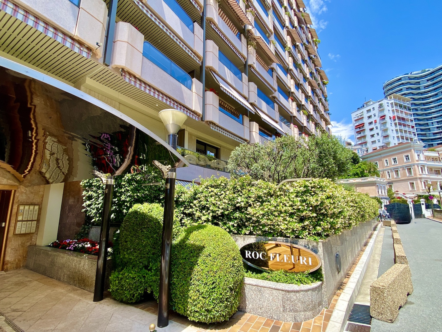 Entrance and façade of Roc Fleuri residential building in Monte-Carlo Monaco