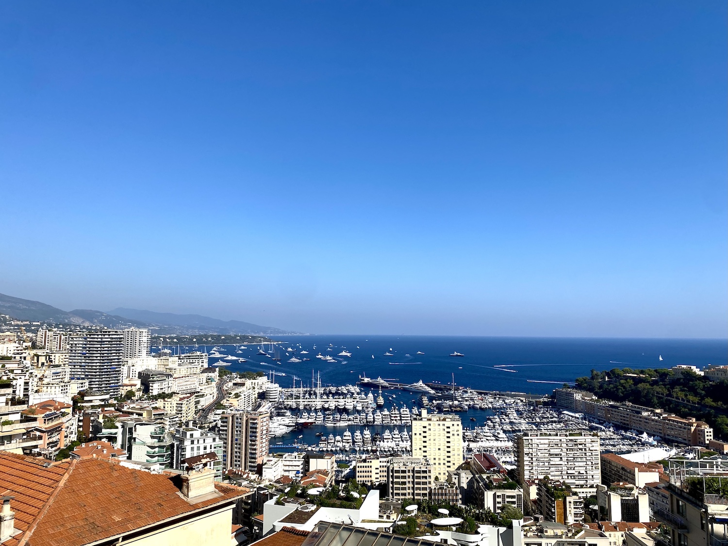 Panoramic view over Port Hercule and the Monaco coastline from Rotondes residence in Monaco