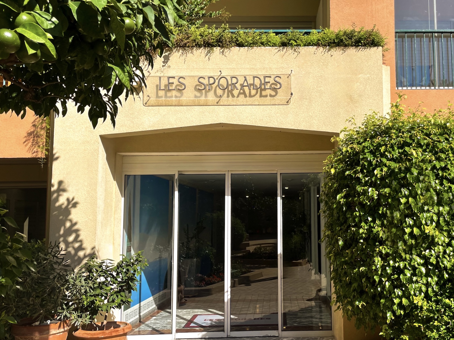 Entrance of Les Sporades residential building in Fontvieille Monaco