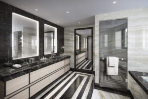 Bay House Monaco luxury marble bathroom with double vanity and modern design