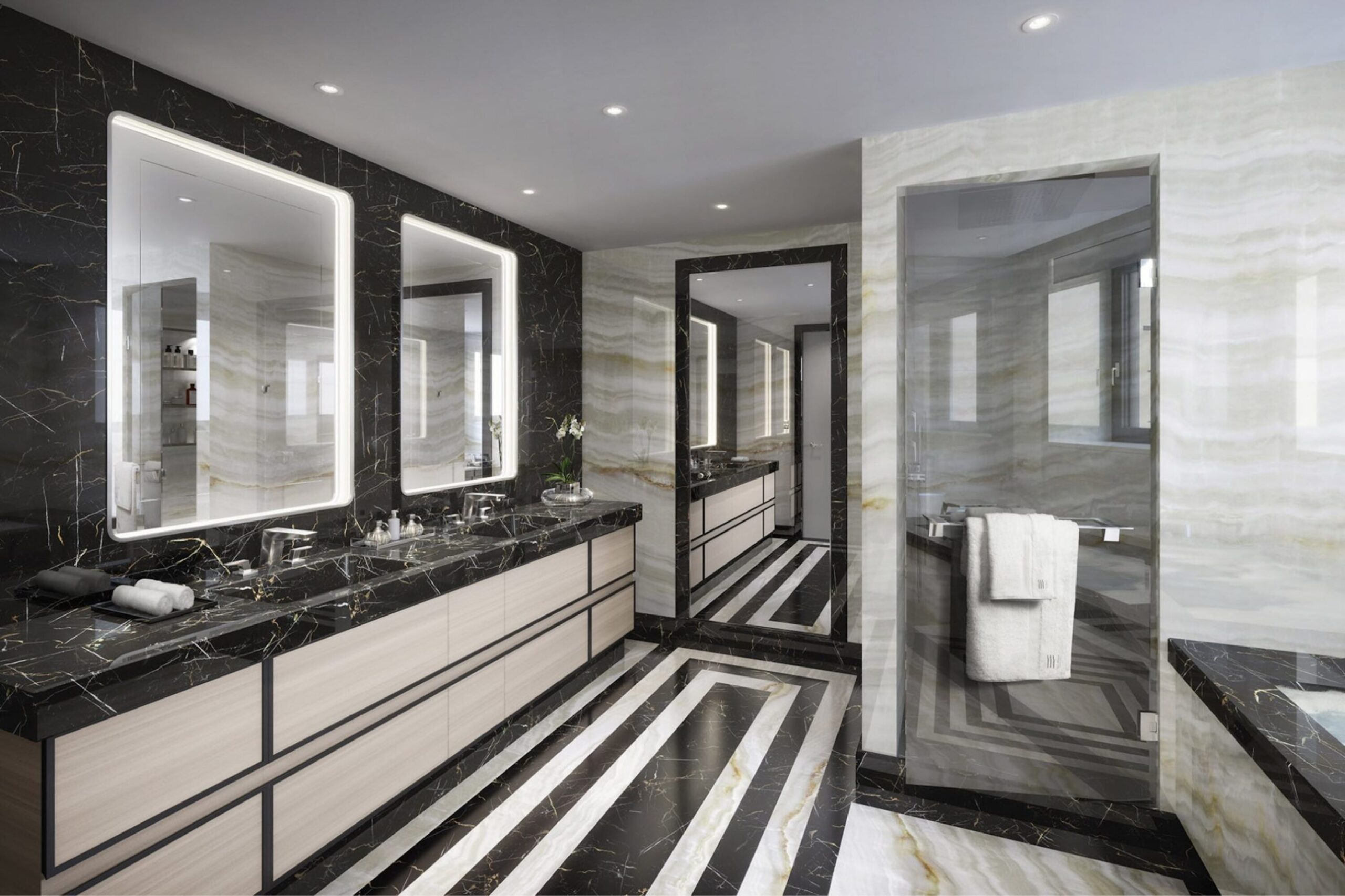 Bay House Monaco luxury marble bathroom with double vanity and modern design