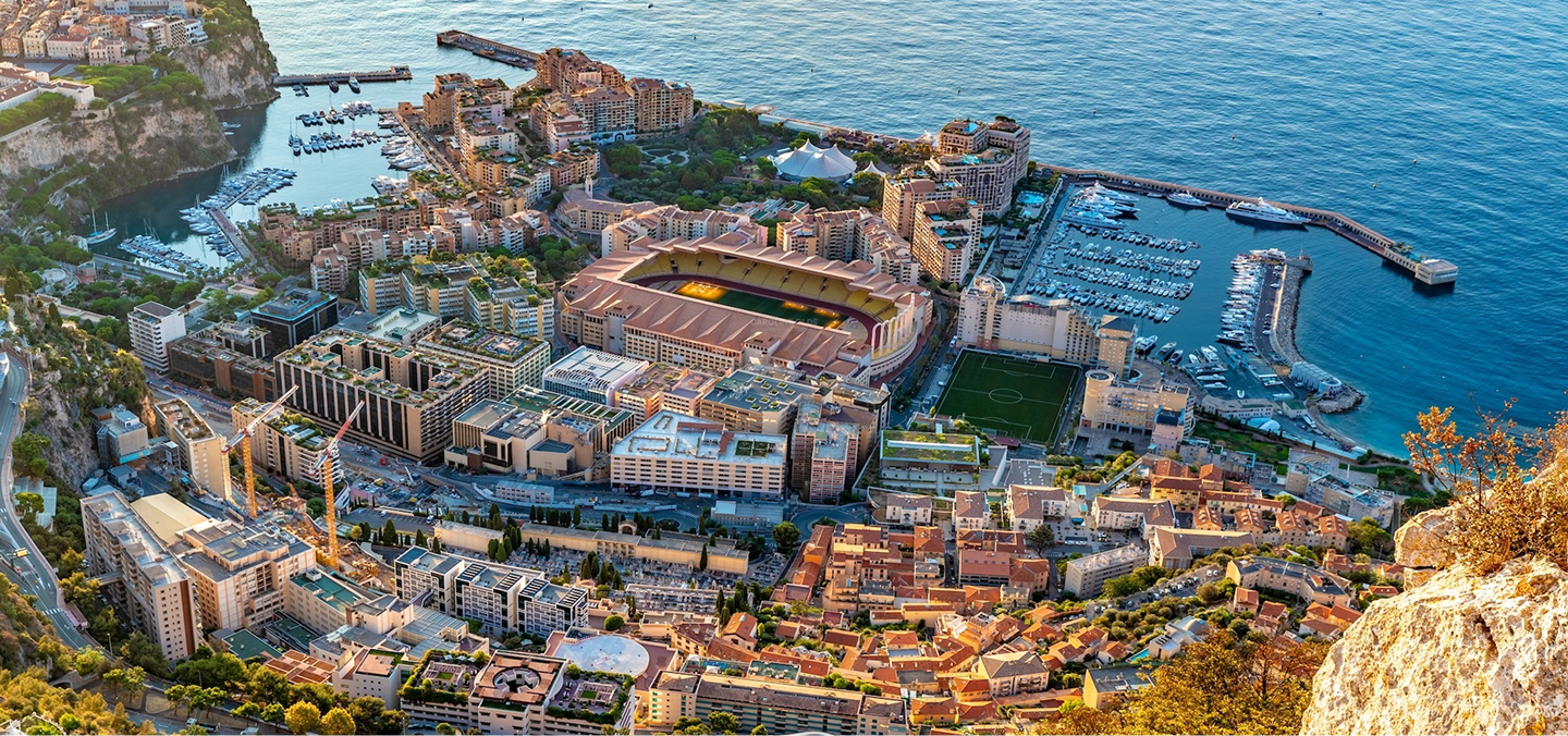 Aerial view of Fontvieille district with Stade Louis II and marina Monaco