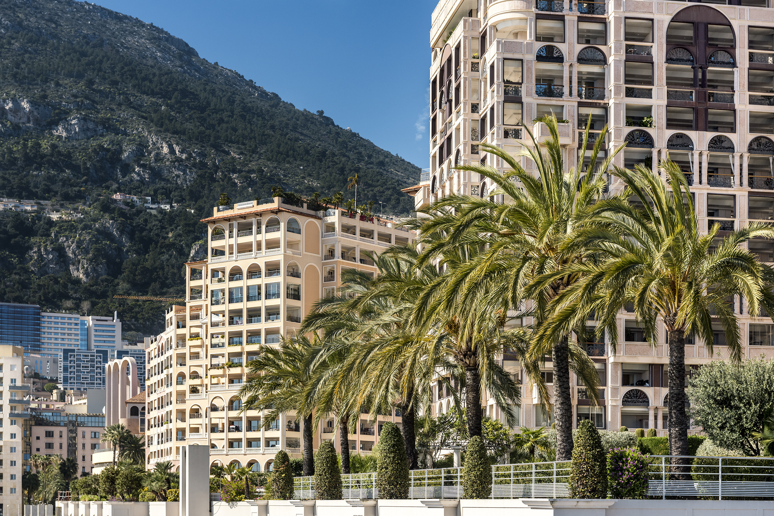 Seaside Plaza residence with palm trees in Fontvieille Monaco