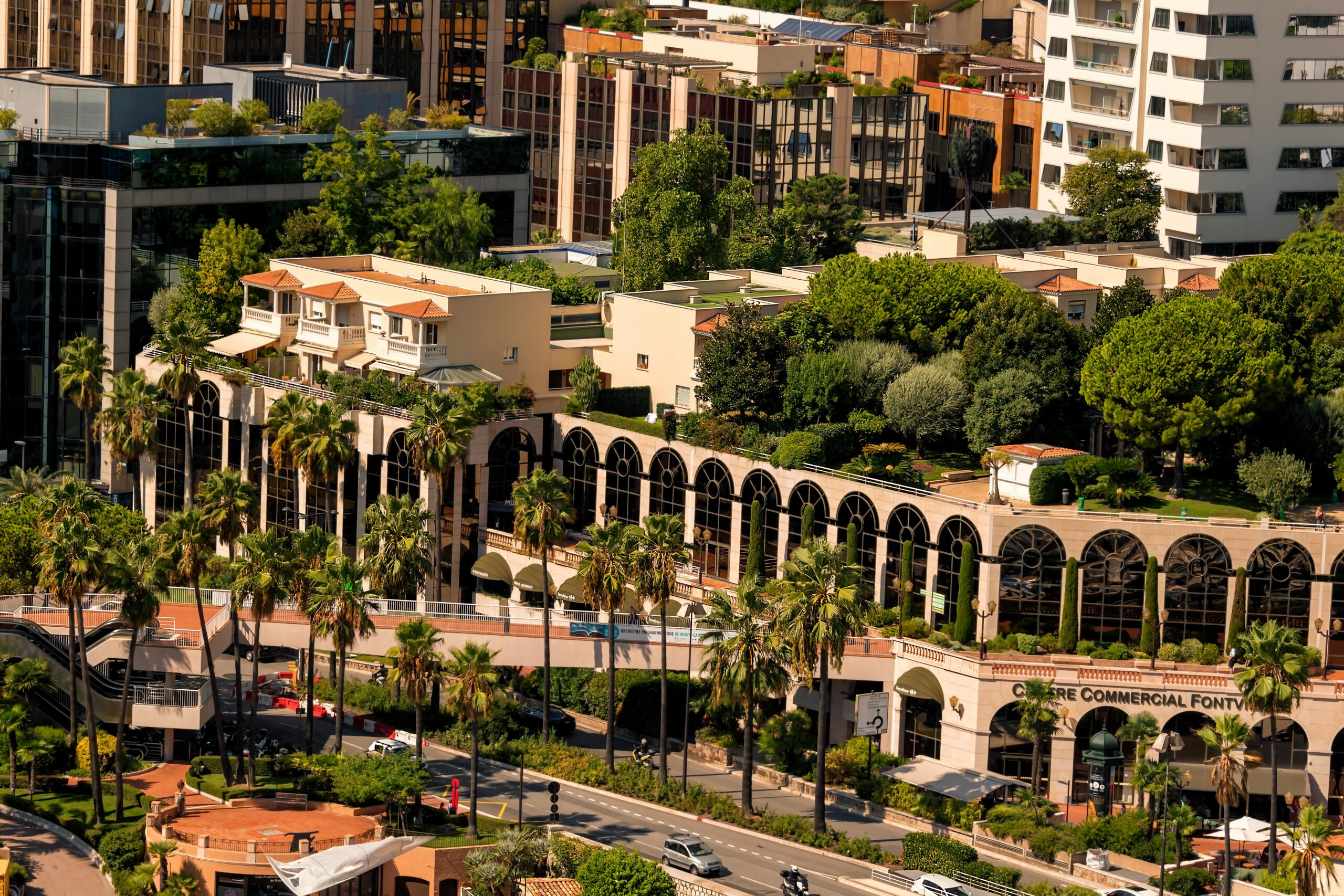 Aerial view of Centre Commercial de Fontvieille shopping complex Monaco