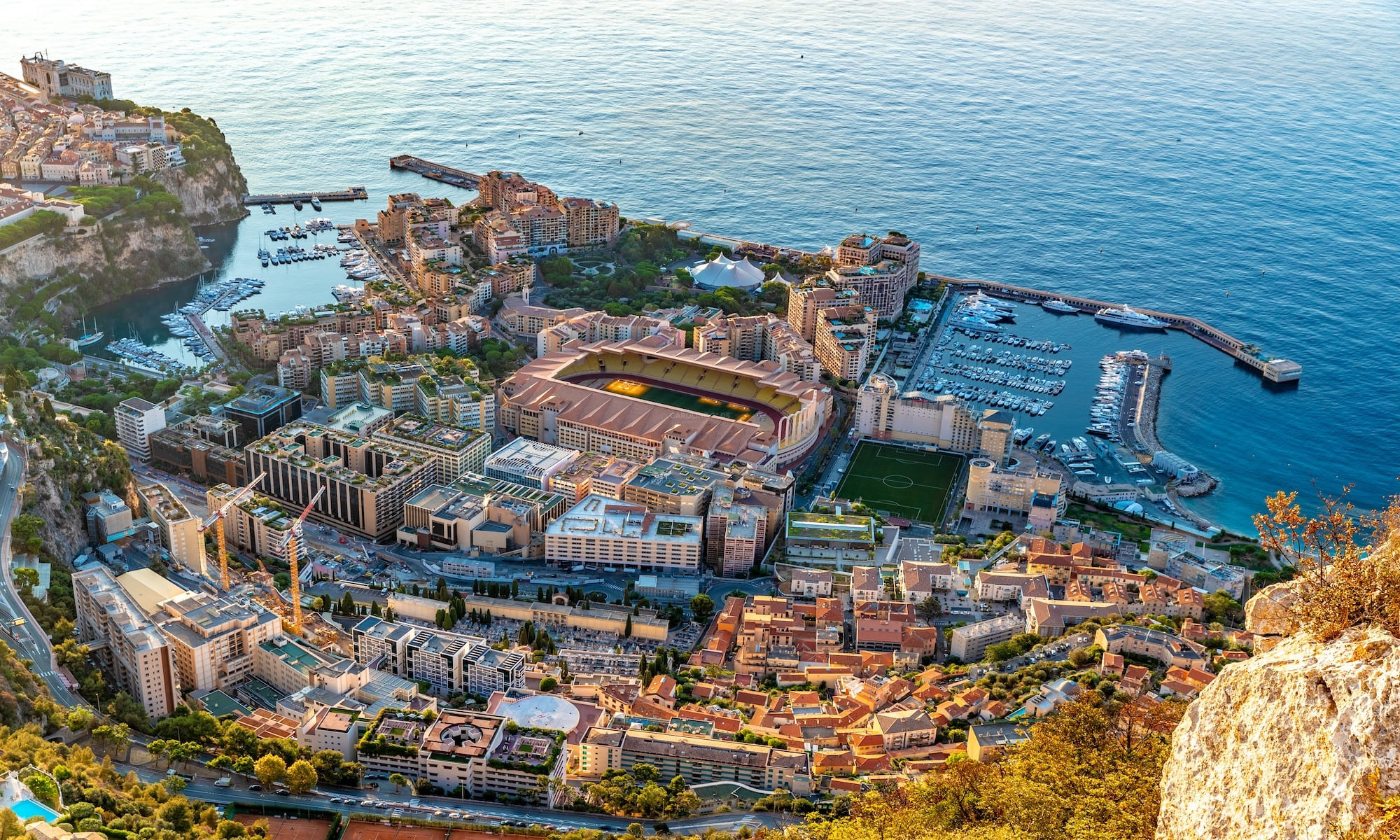 Aerial view of Fontvieille Monaco with Stade Louis II and marina