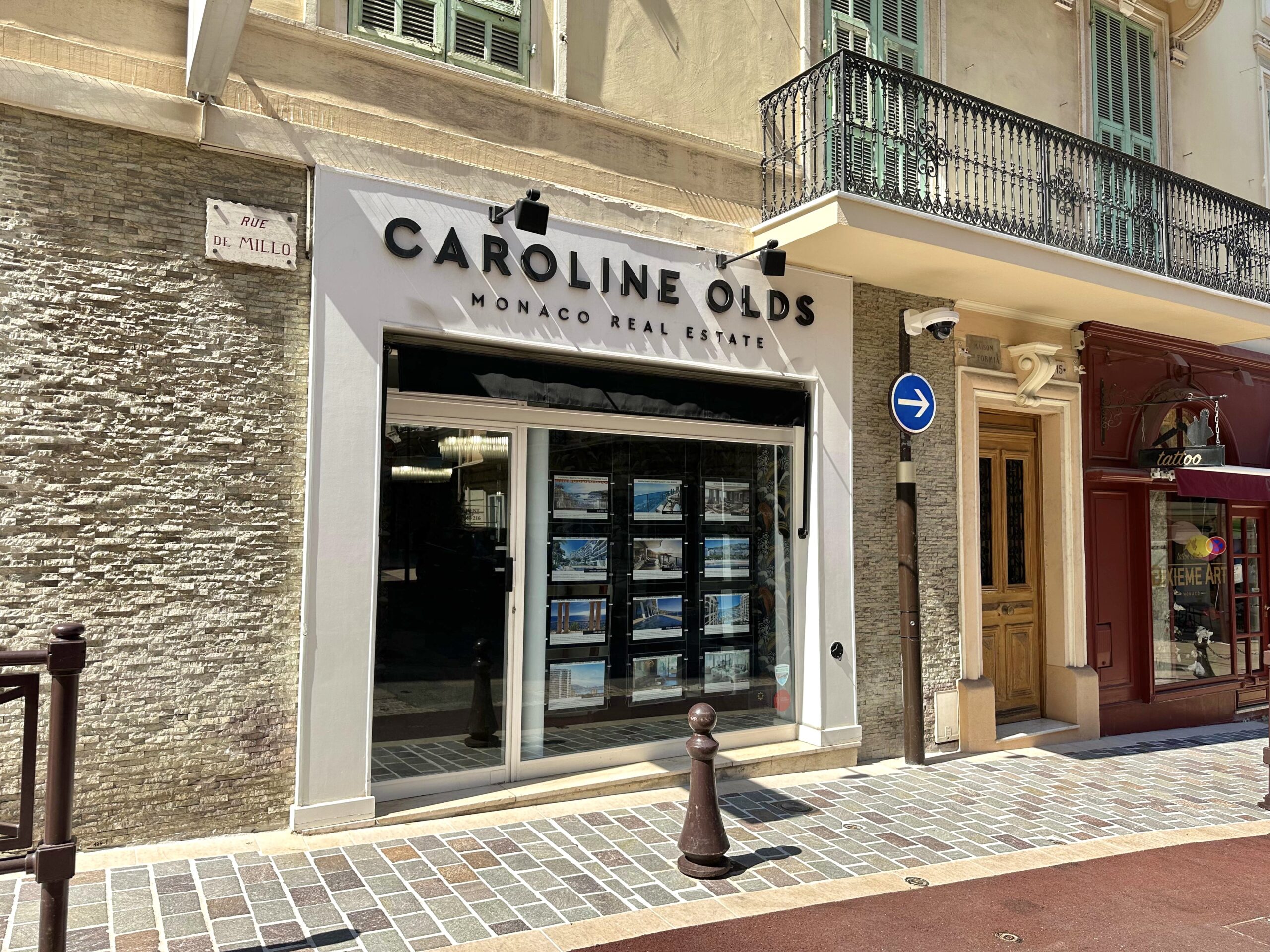 Caroline Olds Real Estate office on Rue de Millo, entrance facing the street