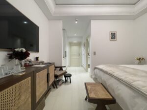 Bedroom with white walls and modern interiors