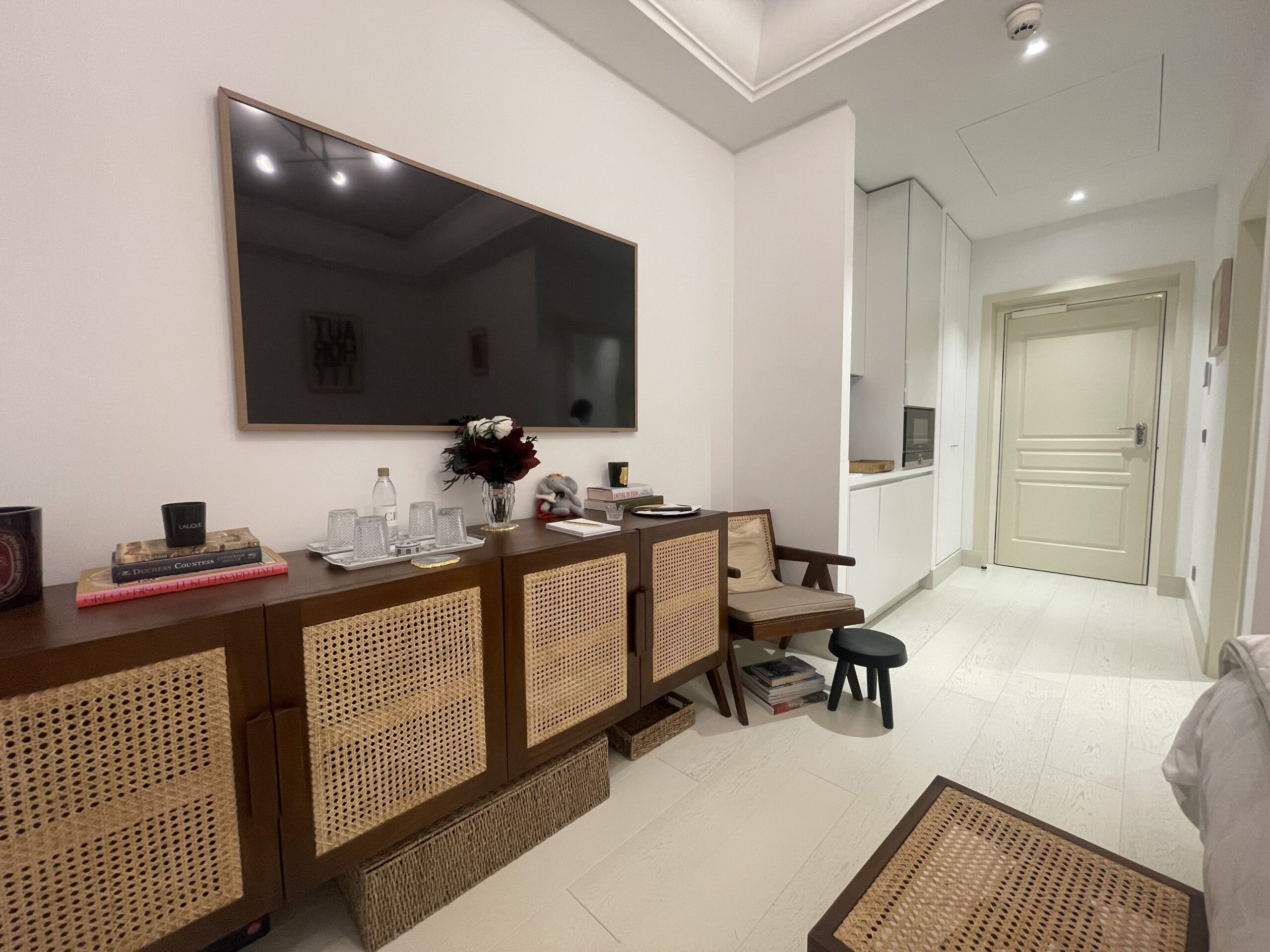 Bedroom in Villa Palazzino with tv and brown, modern interiors