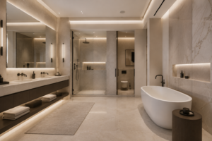 Luxurious bathroom of a 5-bedroom apartment for rent in Monaco, contemporary interiors, marble, integrated lighting
