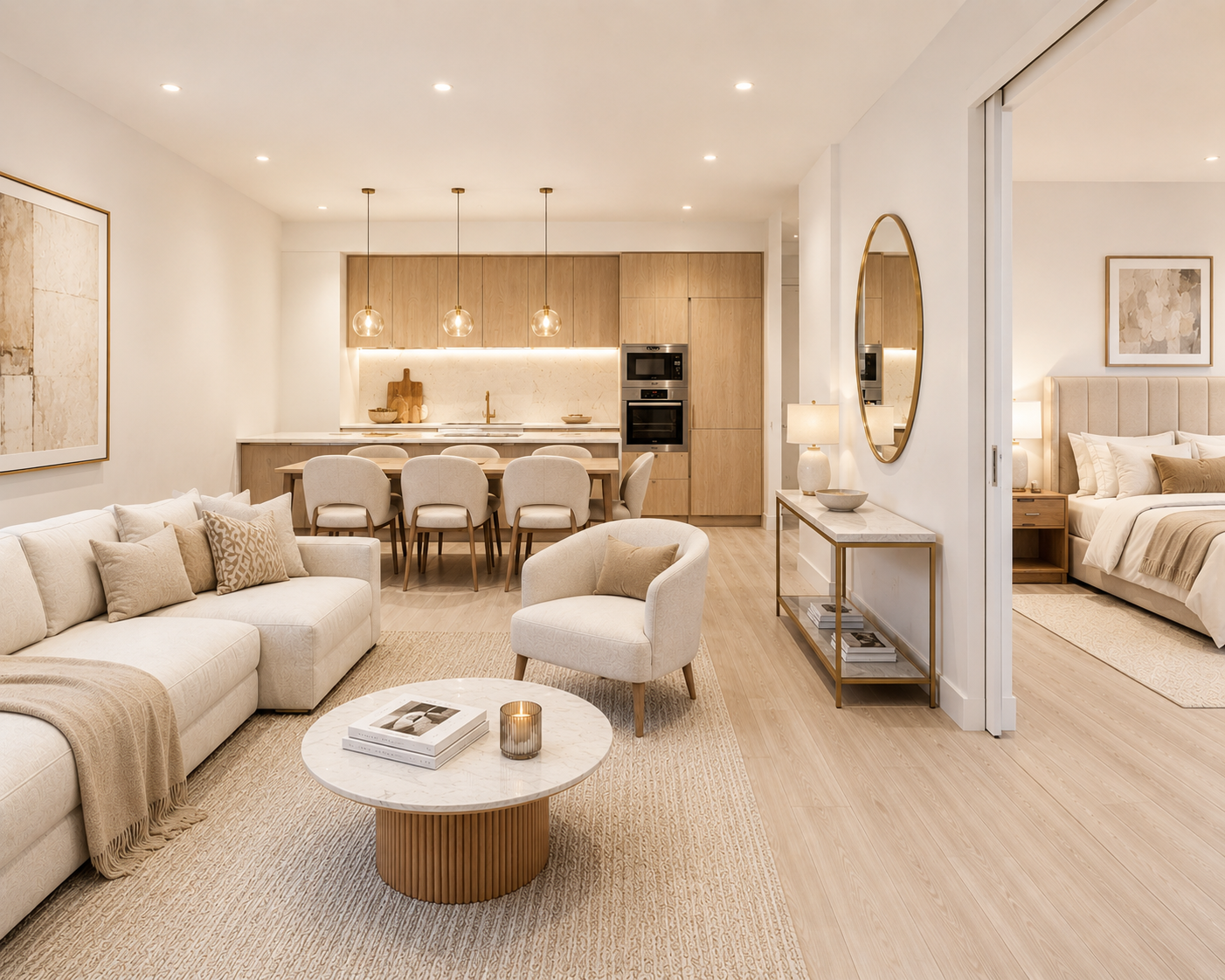 the living space of a high-end 1-bedroom apartment